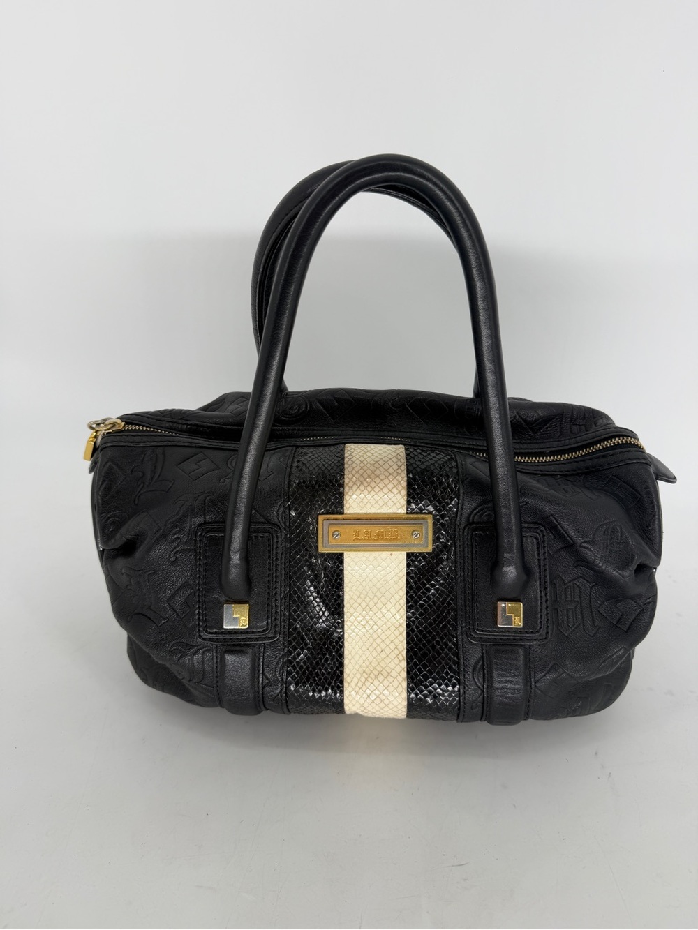 L.A.M.B by Gwen Stephani Vintage Black Embossed Leather Boston Satchel Bag